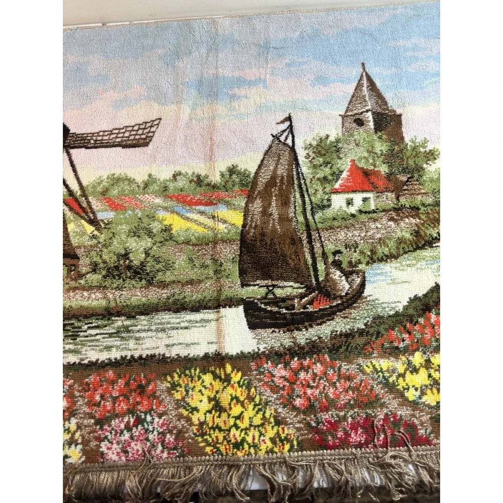 Vintage Dutch Waterways River Wall Tapestry Rug Art Windmill Tulip Fields 25x43